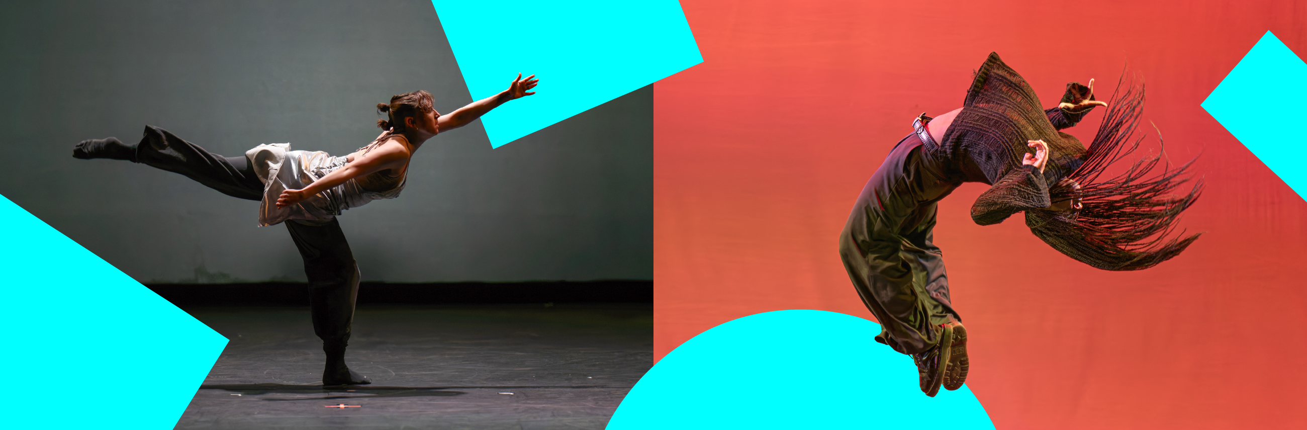 One dancer balances on one foot on stage while another dancer jumps into the air in front of a colorful background